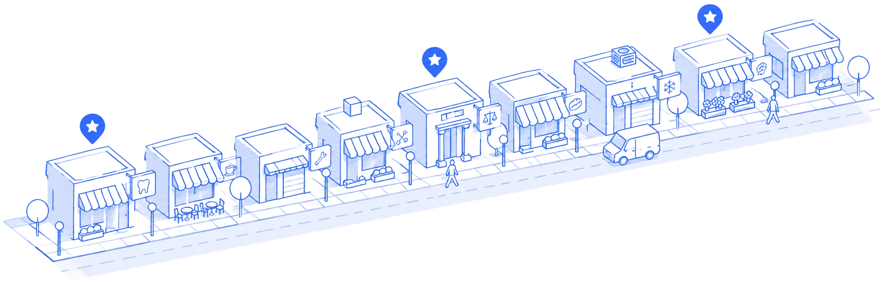 A hand-drawn isometric main street of local shops: a dentist, café, plumber, salon, law office, bakery, HVAC, florist and med spa.