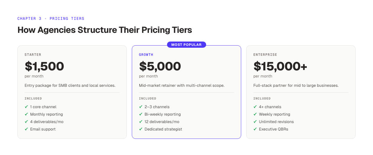 Three-tier agency pricing structure showing starter, growth, and enterprise packages