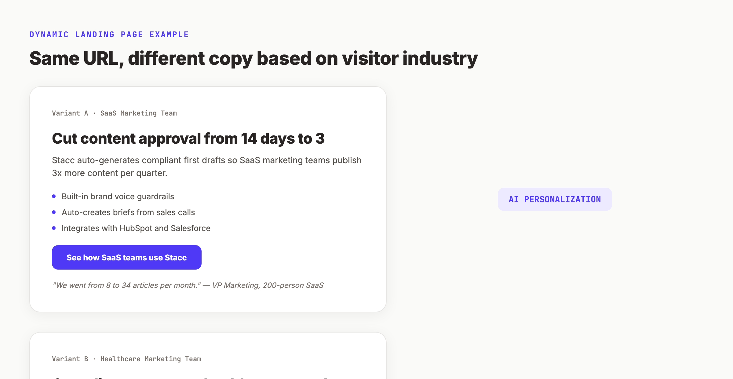 AI personalized landing page showing dynamic headline, industry-specific copy, and real-time social proof