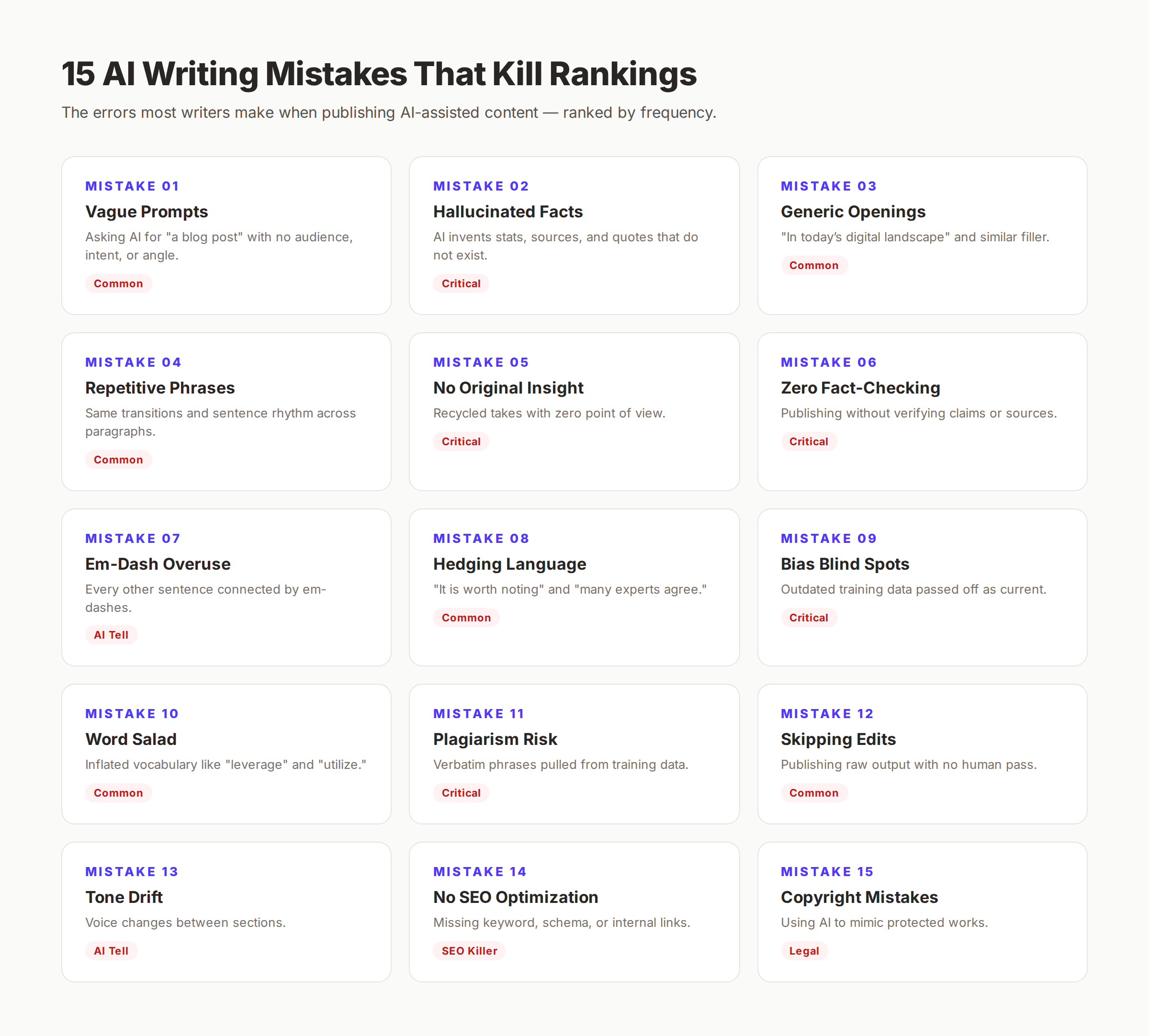 15 AI writing mistakes that kill rankings — ranked overview grid
