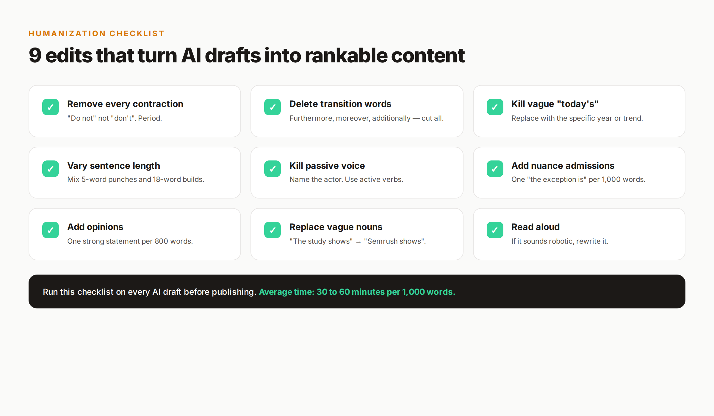 Nine-point AI content humanization checklist