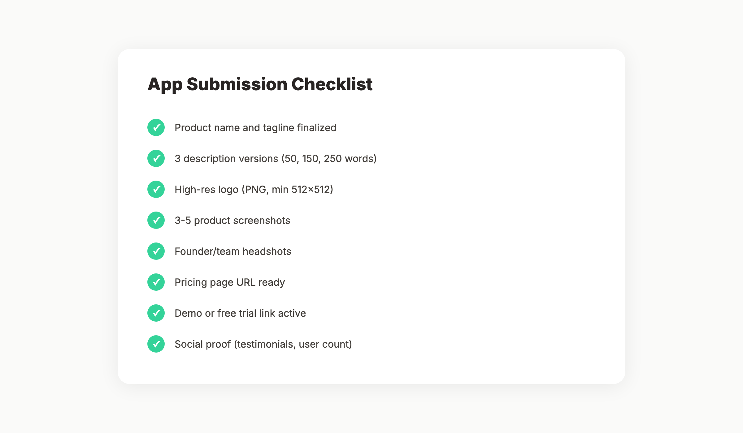 App submission checklist for directory listings
