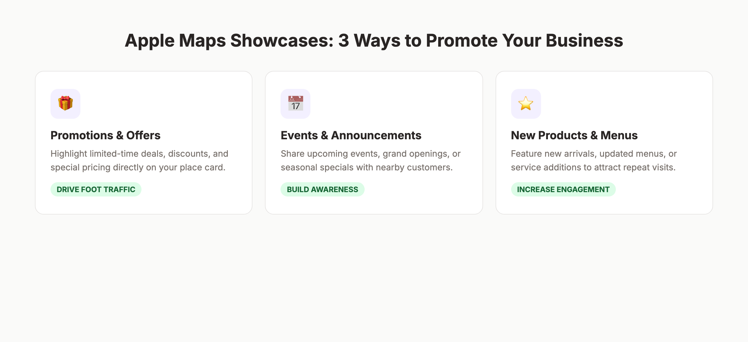Apple Maps Showcases feature showing 3 promotion types