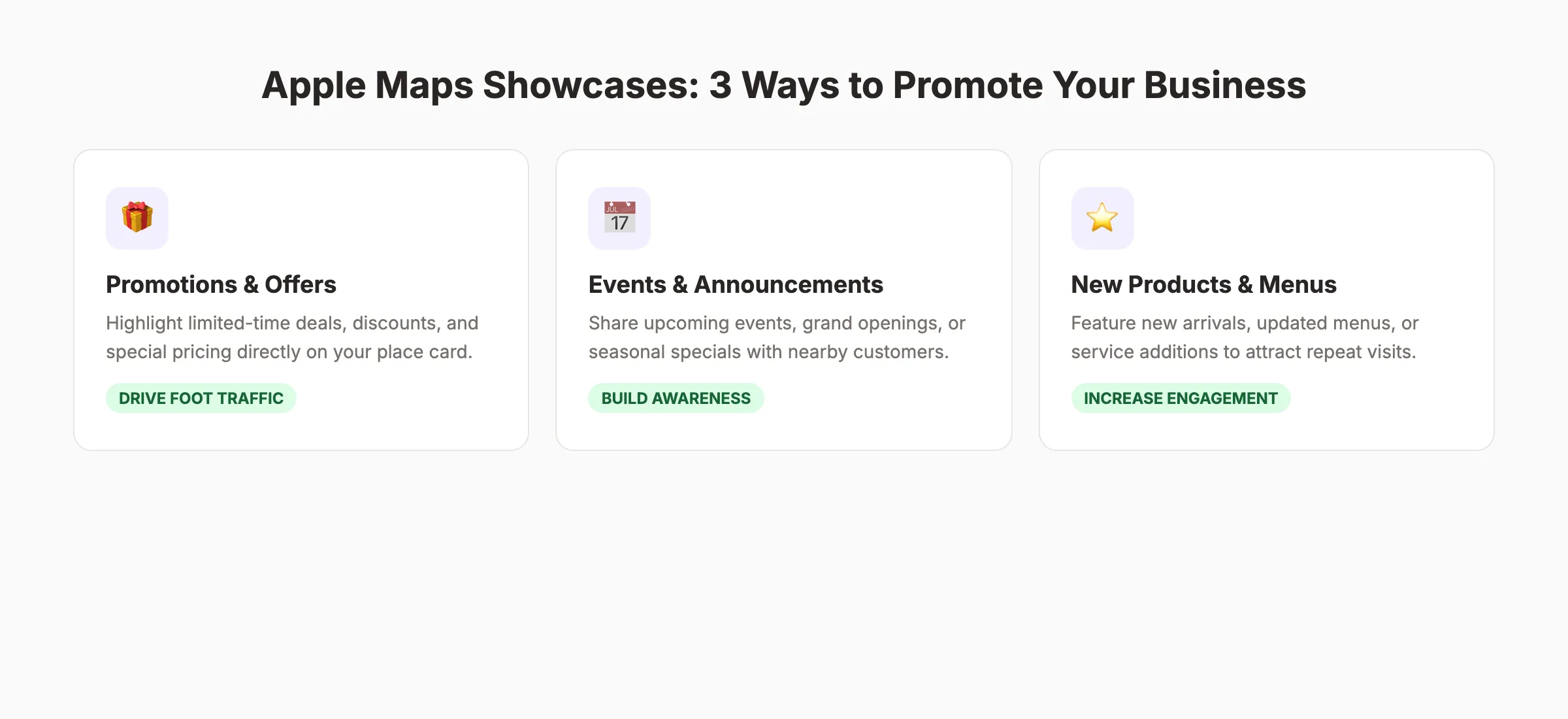 Apple Maps Showcases feature showing 3 promotion types