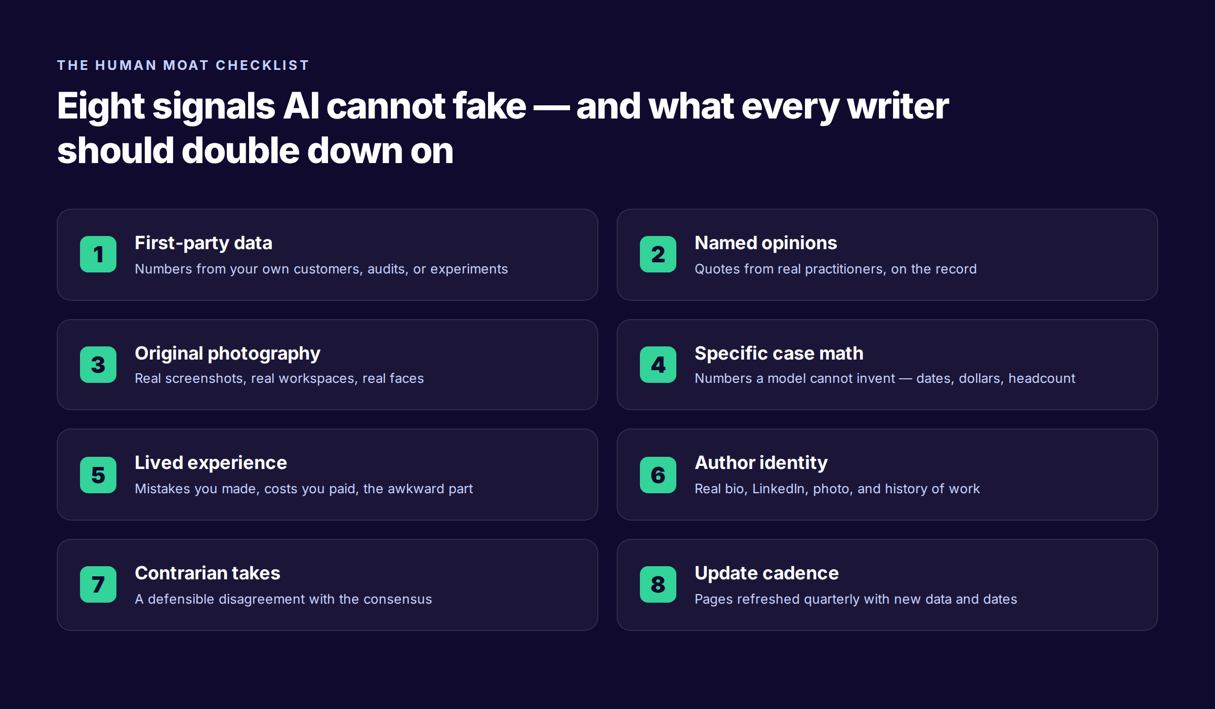 The human moat checklist — eight signals AI cannot fake, including first-party data, named opinions, original photography, and lived experience