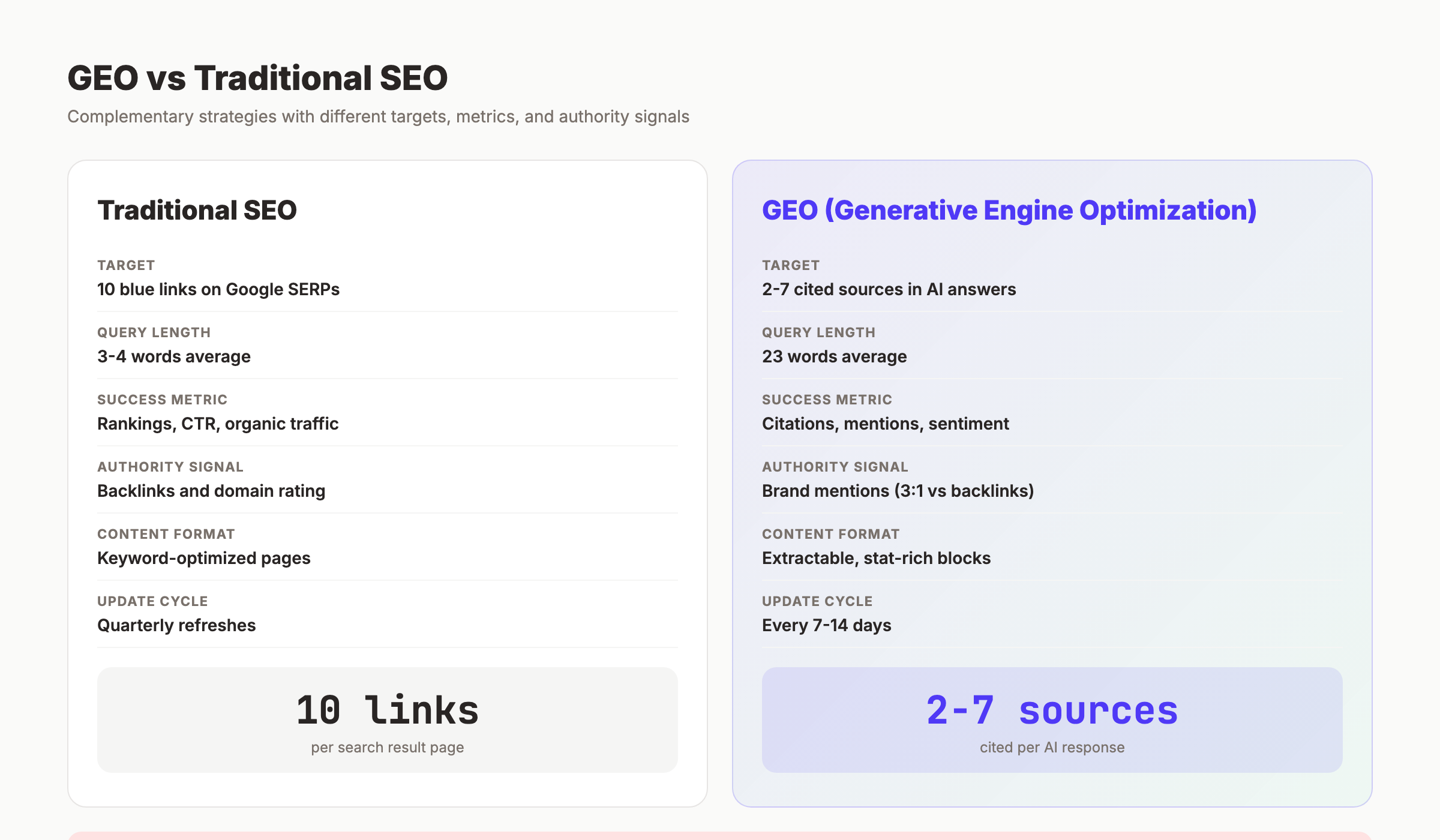 GEO vs traditional SEO comparison showing key differences