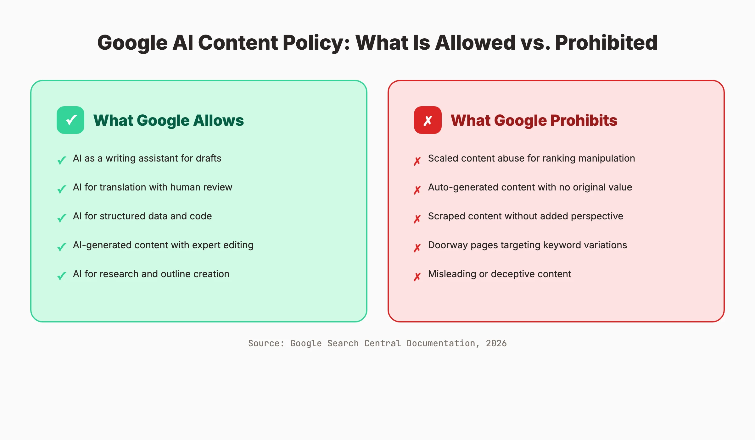 Google AI content policy summary showing what Google allows versus what it prohibits, with green checkmarks for AI-assisted content with human review and red X marks for scaled content abuse