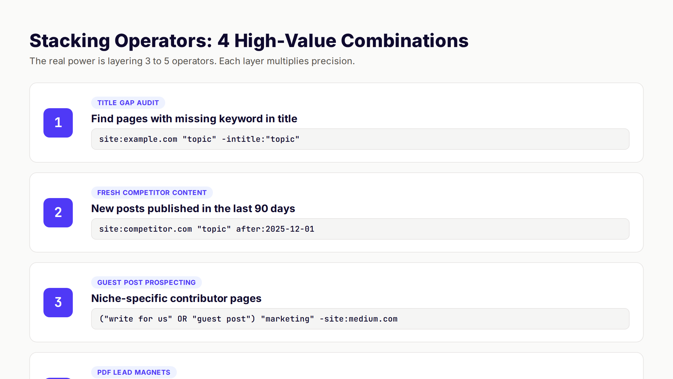 4 high-value Google search operator combinations for title audits, competitor tracking, and prospecting