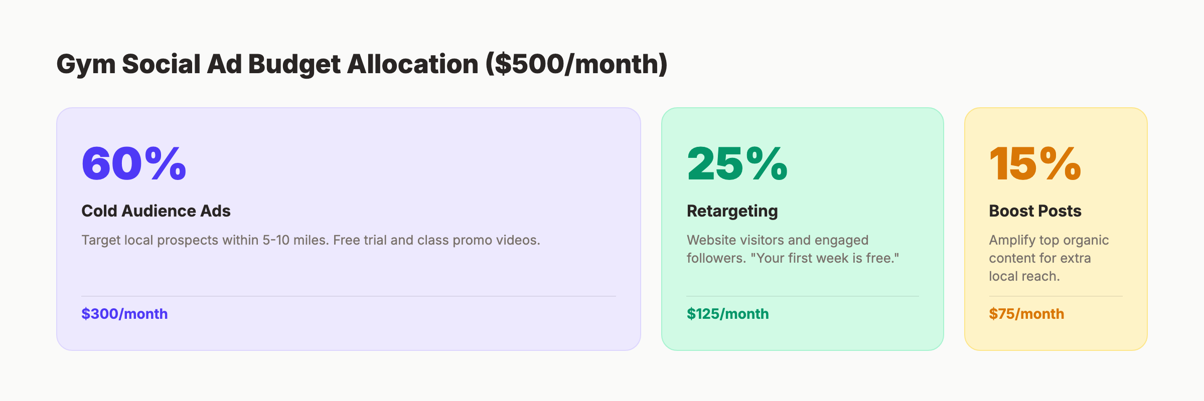 Gym ad budget allocation showing 60% cold, 25% retargeting, 15% boost