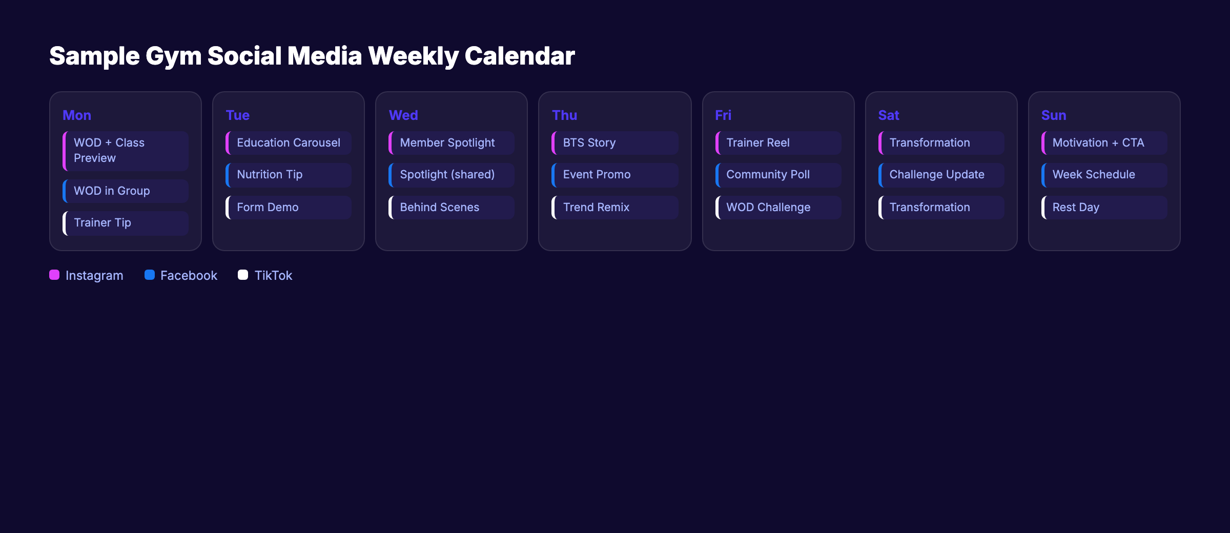 Sample weekly gym social media content calendar across platforms