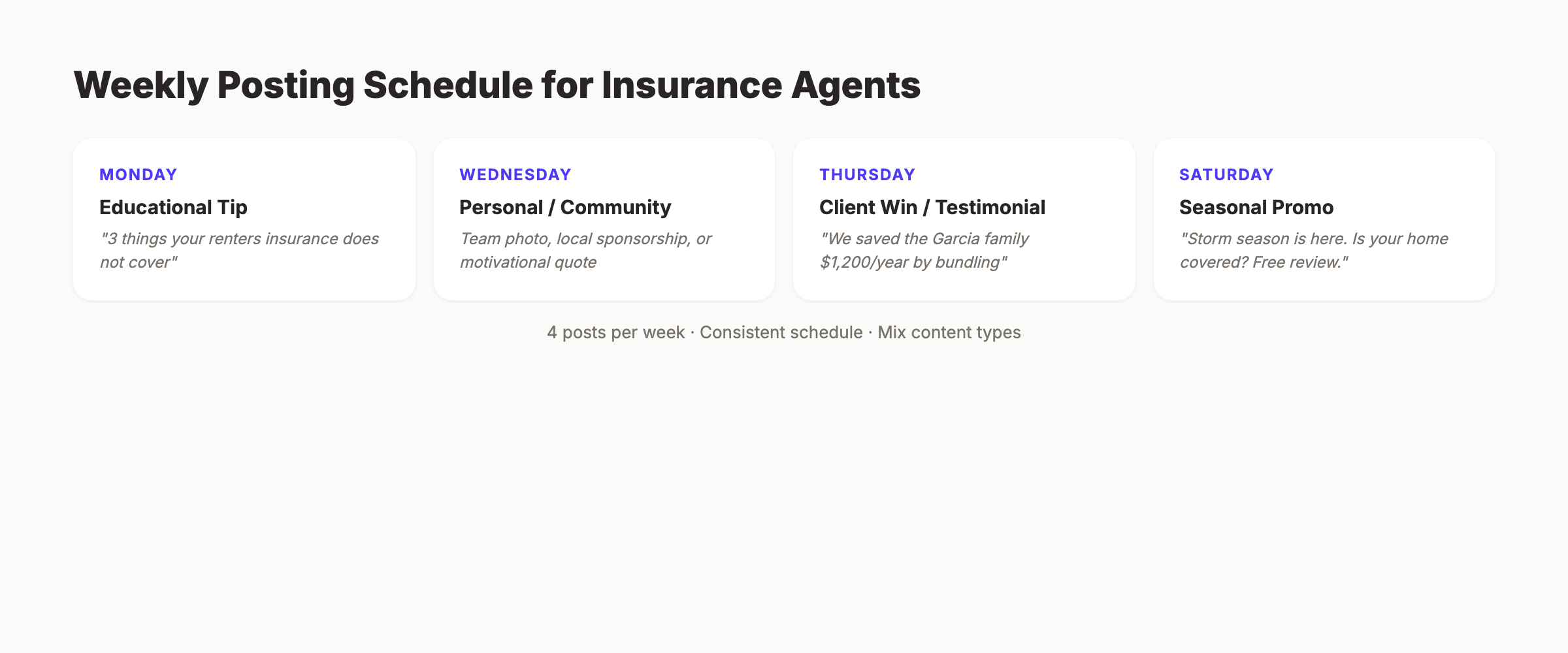 Weekly social media posting schedule for insurance agents with examples