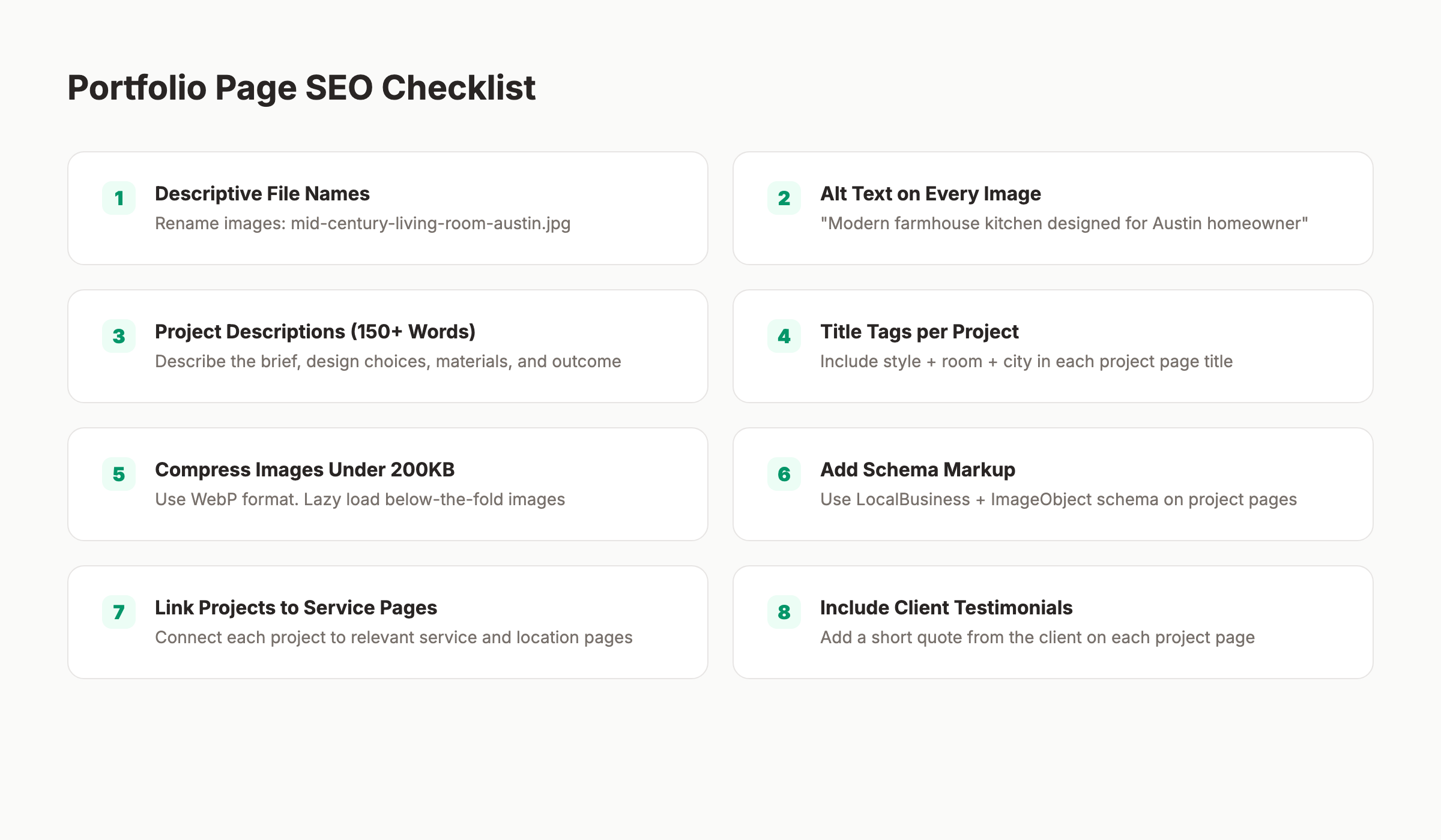 Portfolio page SEO checklist for interior designers with 8 optimization steps