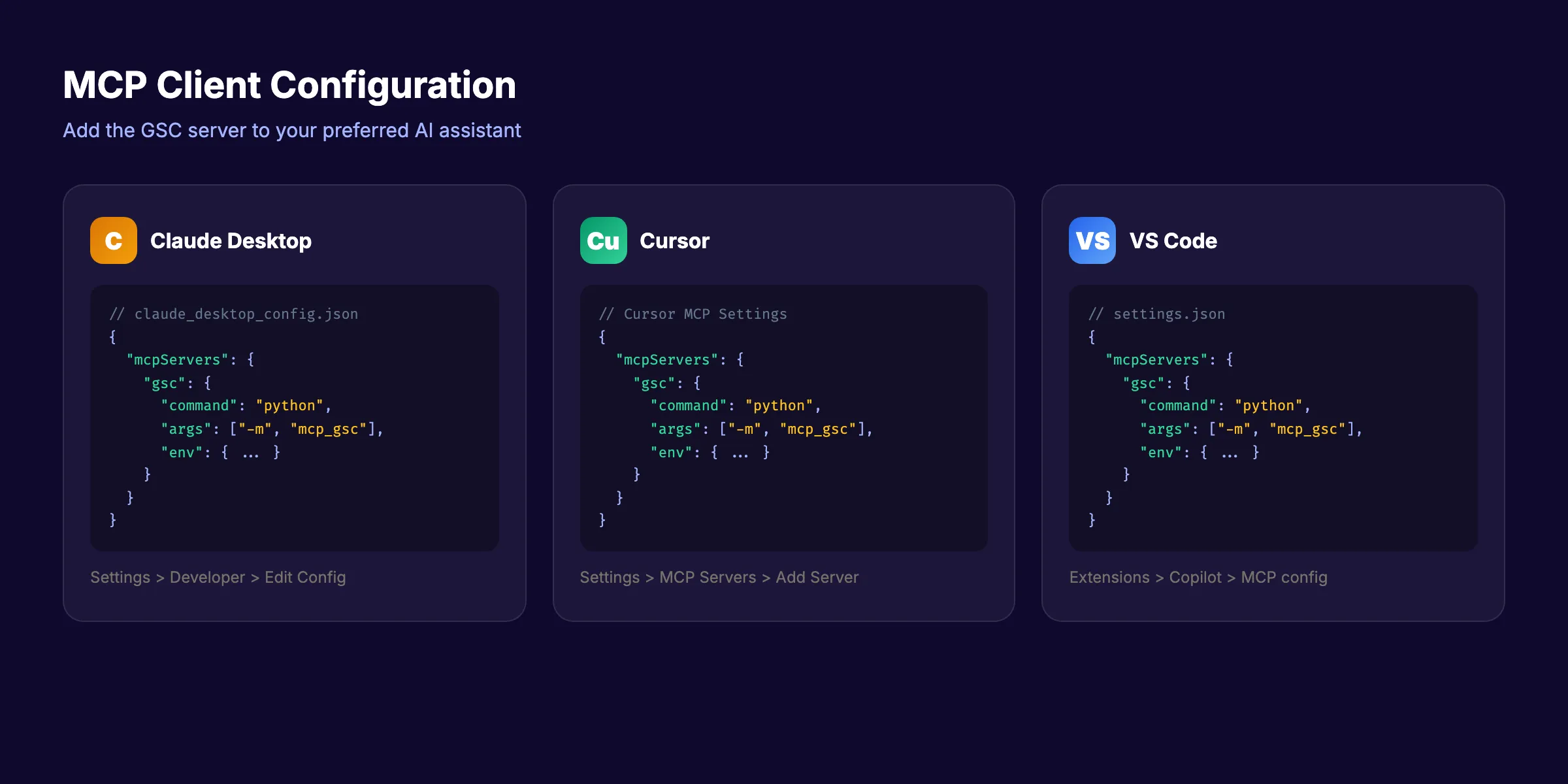 MCP client configuration examples for Claude Desktop, Cursor, and VS Code