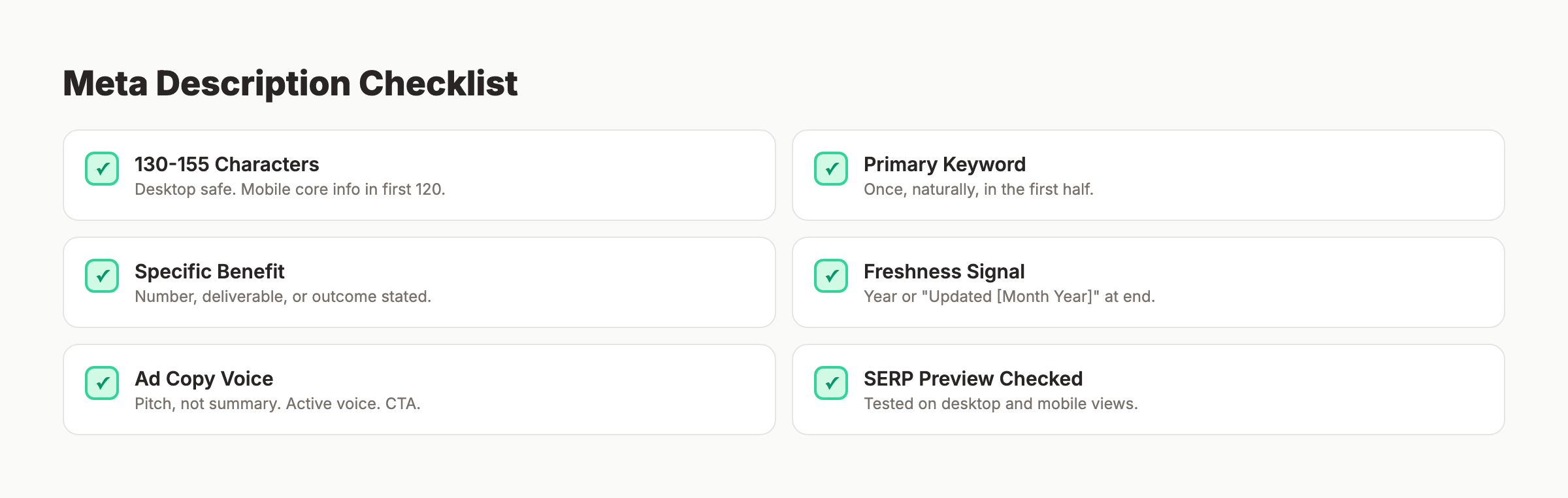 Meta description checklist for SEO optimization