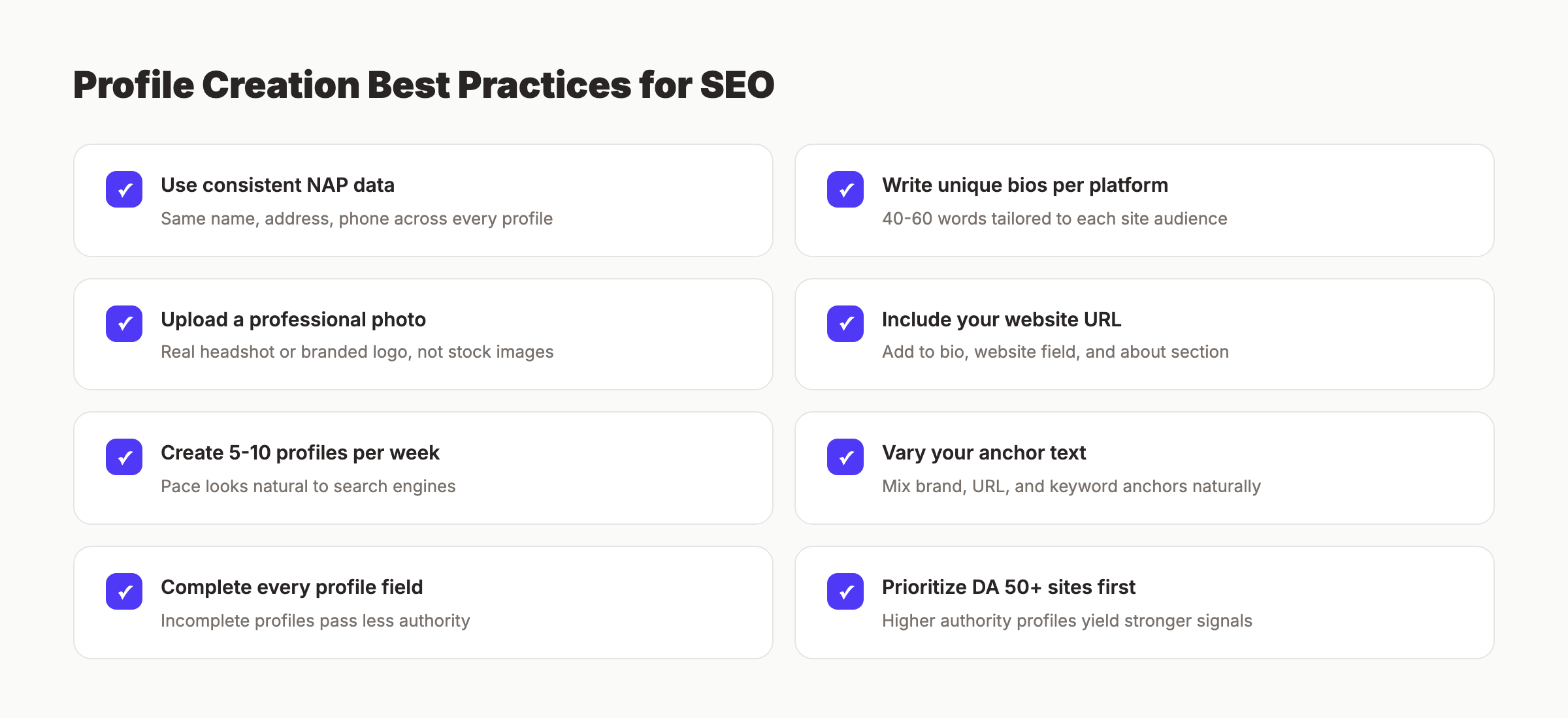 Profile creation best practices for SEO checklist