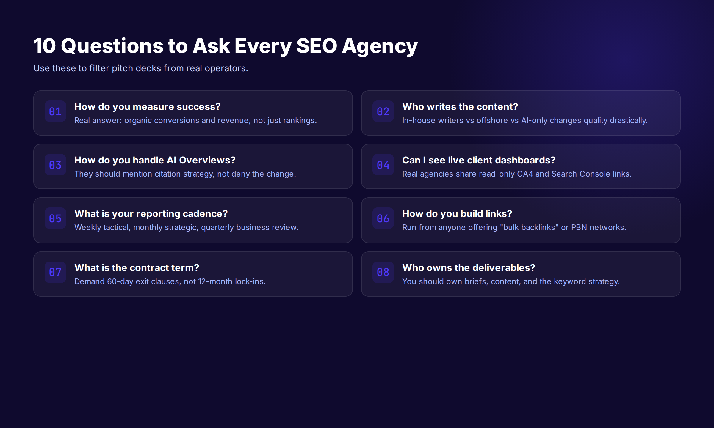 Ten essential questions to ask every SEO agency during sales calls with the right answers