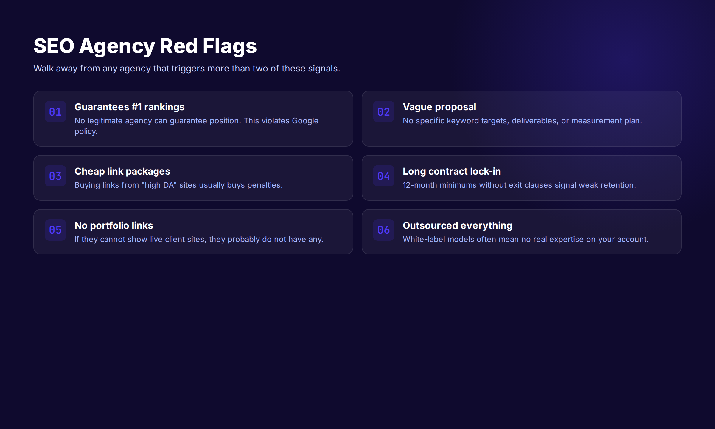 SEO agency red flags grid showing six warning signs that should disqualify any agency