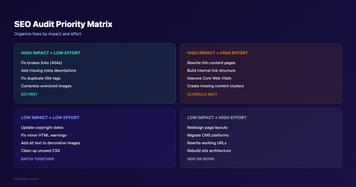 SEO audit priority matrix for organizing fixes