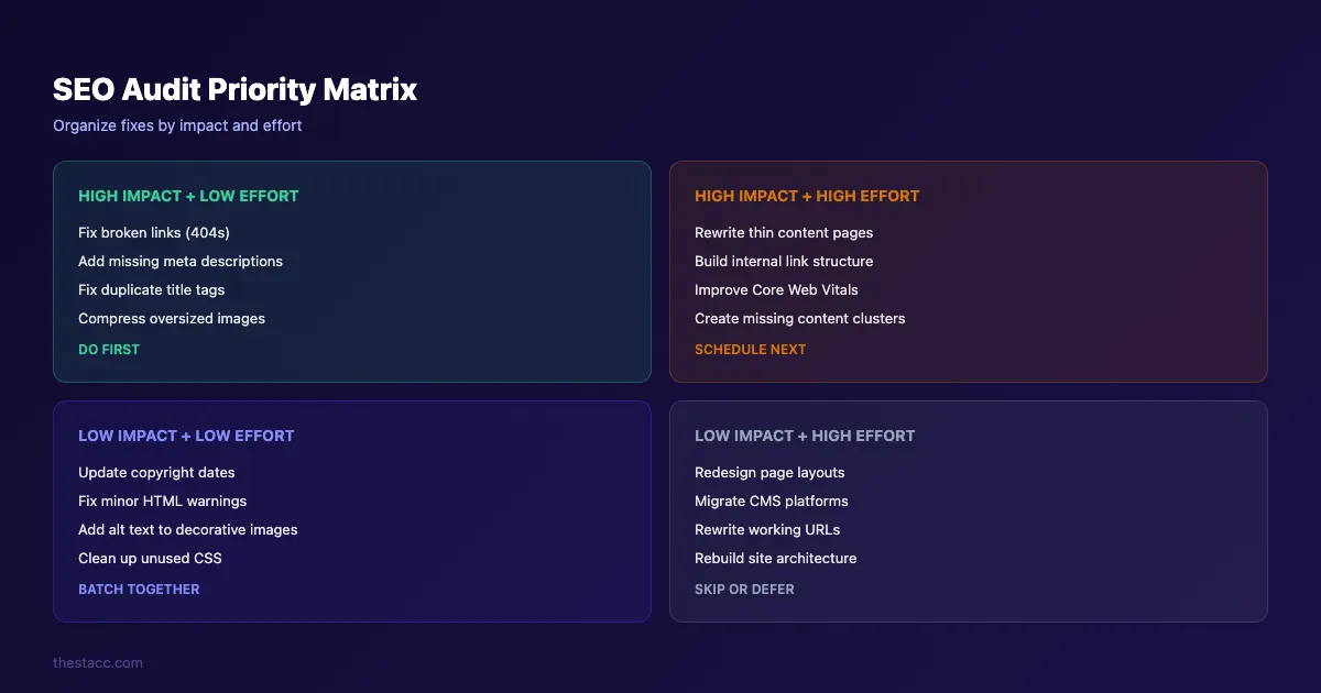 Matrice de priorités d'audit SEO pour organiser les corrections