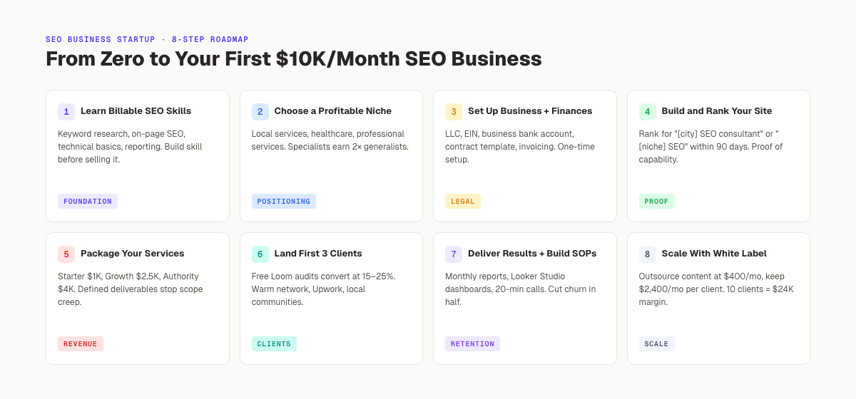 8-step process for starting an SEO business from scratch. Niche, setup, clients, and scaling