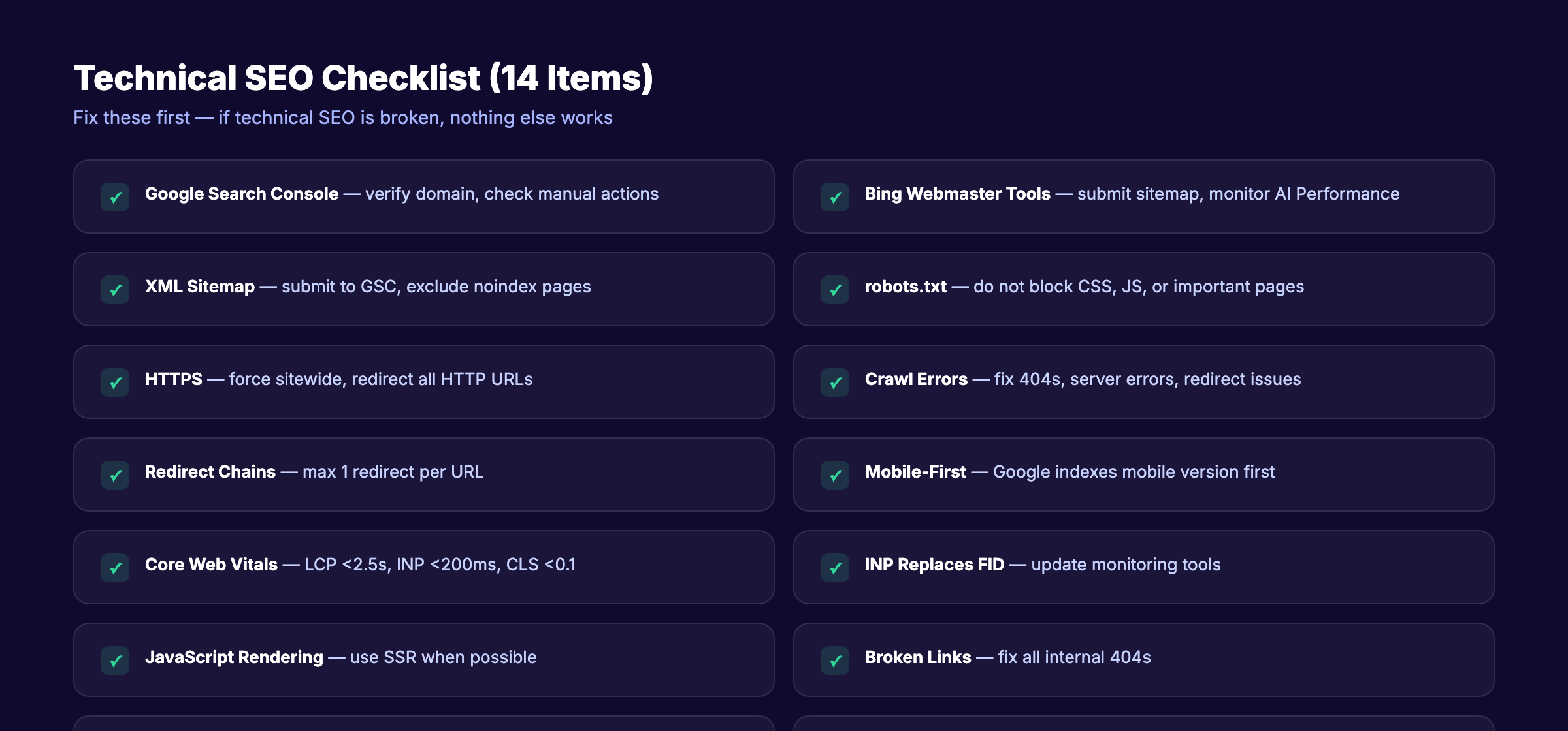 Technical SEO checklist items for 2026