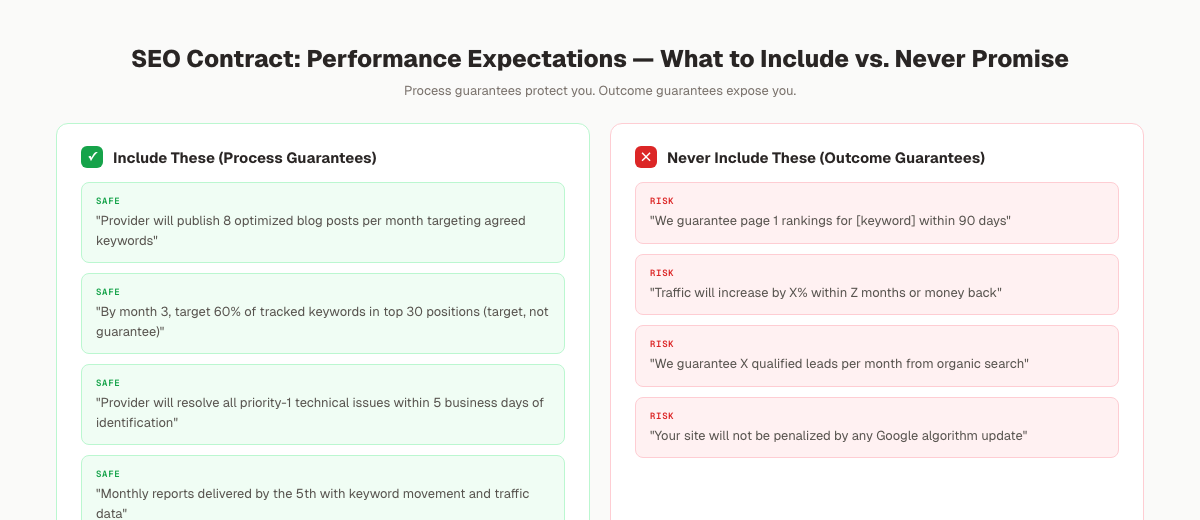 SEO contract performance expectations: what to include vs. what to never promise