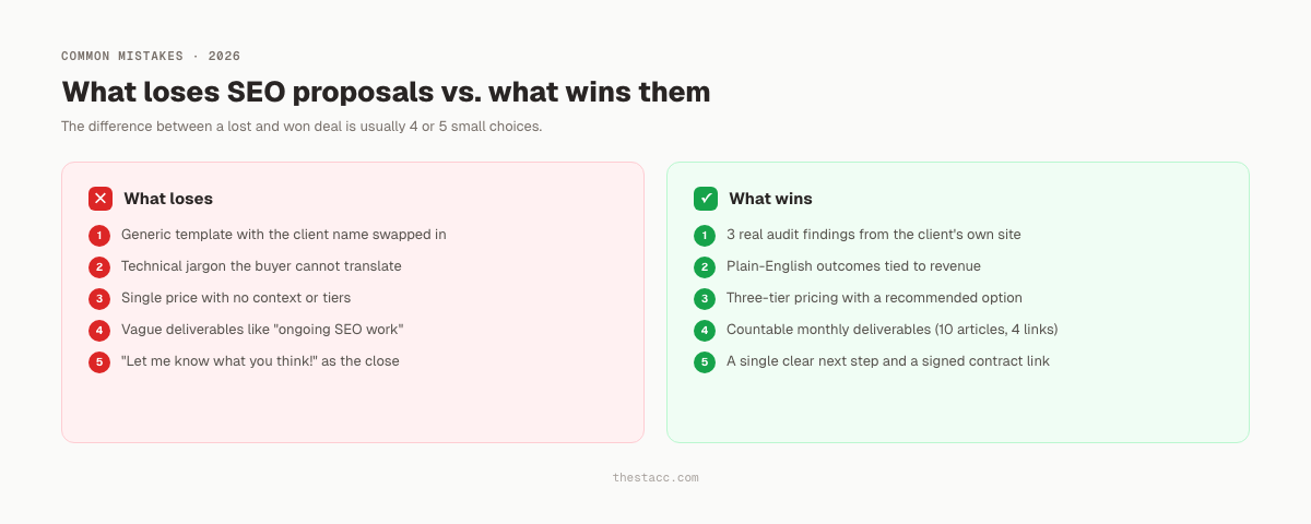 SEO proposal mistakes versus what wins: what loses vs what wins comparison