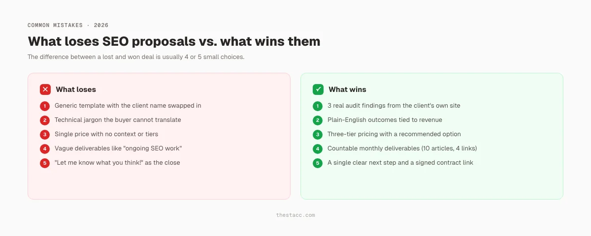 SEO proposal mistakes versus what wins: what loses vs what wins comparison