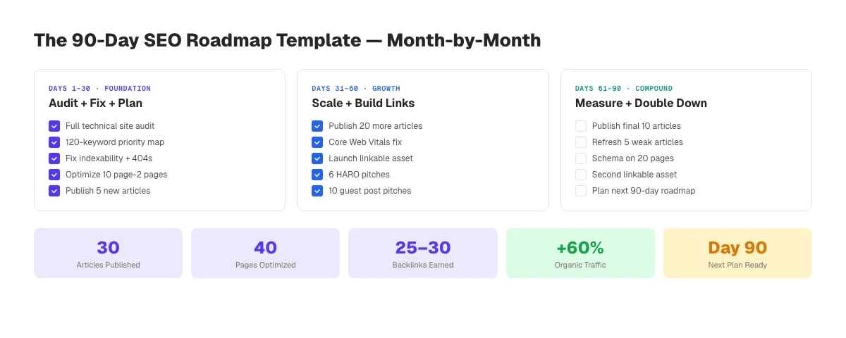 SEO roadmap 90-day plan showing weekly breakdown of tasks by phase