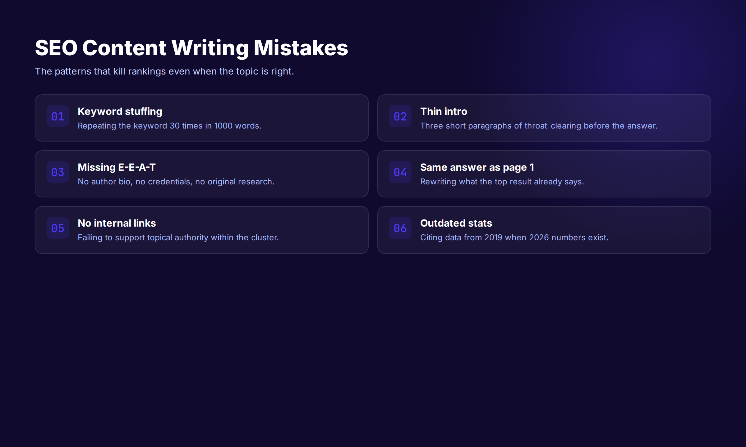 Six SEO content writing mistakes that kill rankings including keyword stuffing thin intros and missing E-E-A-T