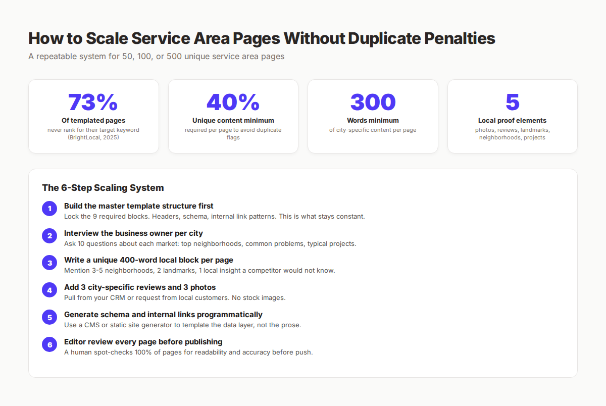 Scaling service area page templates with a six-step system and four key statistics