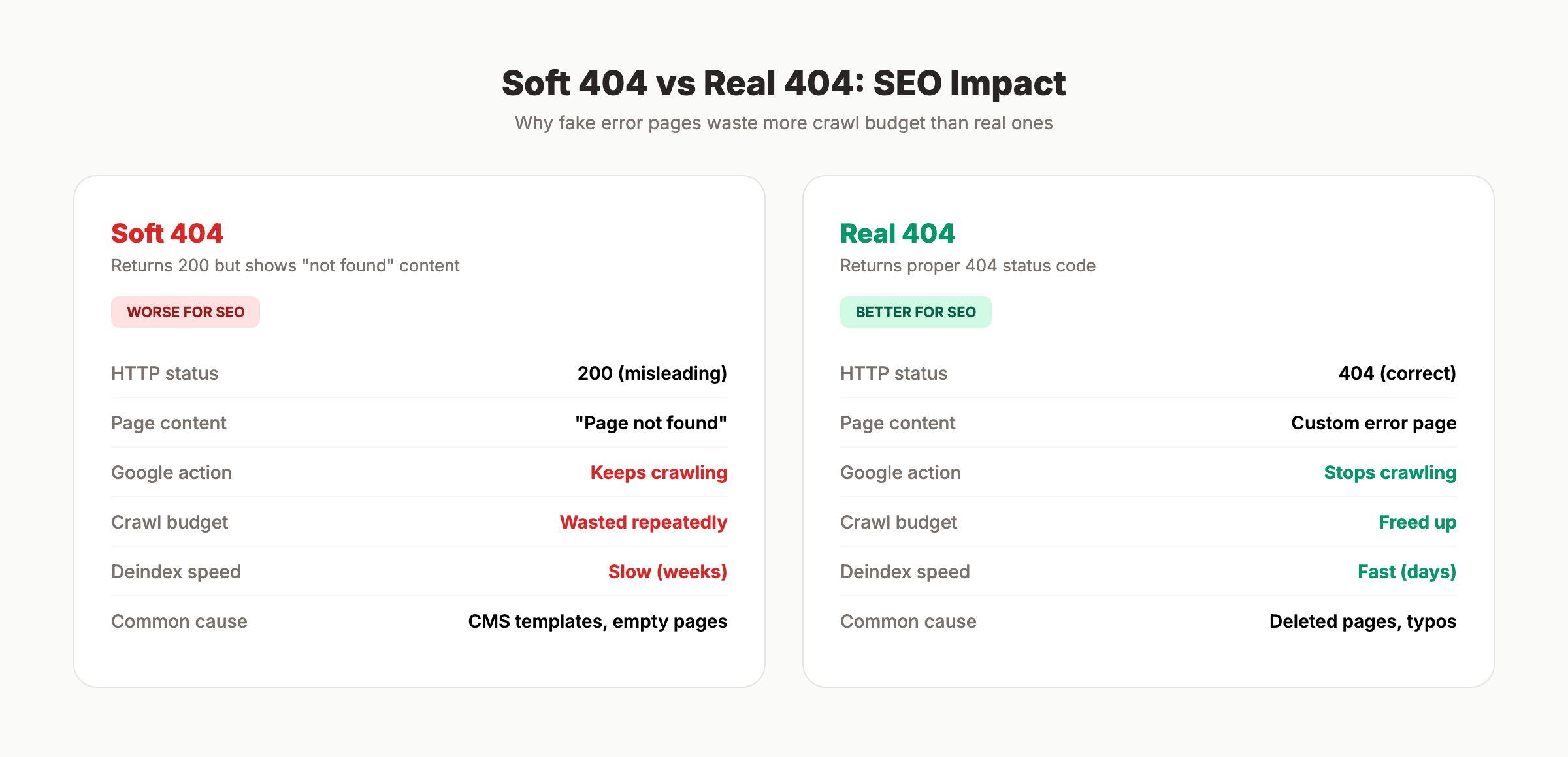 Soft 404 vs real 404 showing different crawl budget impacts