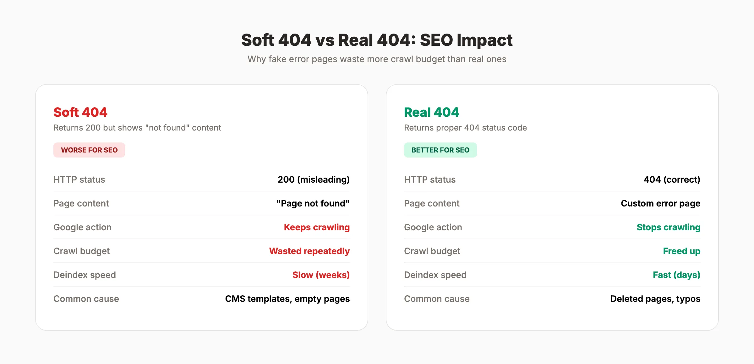 Soft 404 vs real 404 showing different crawl budget impacts