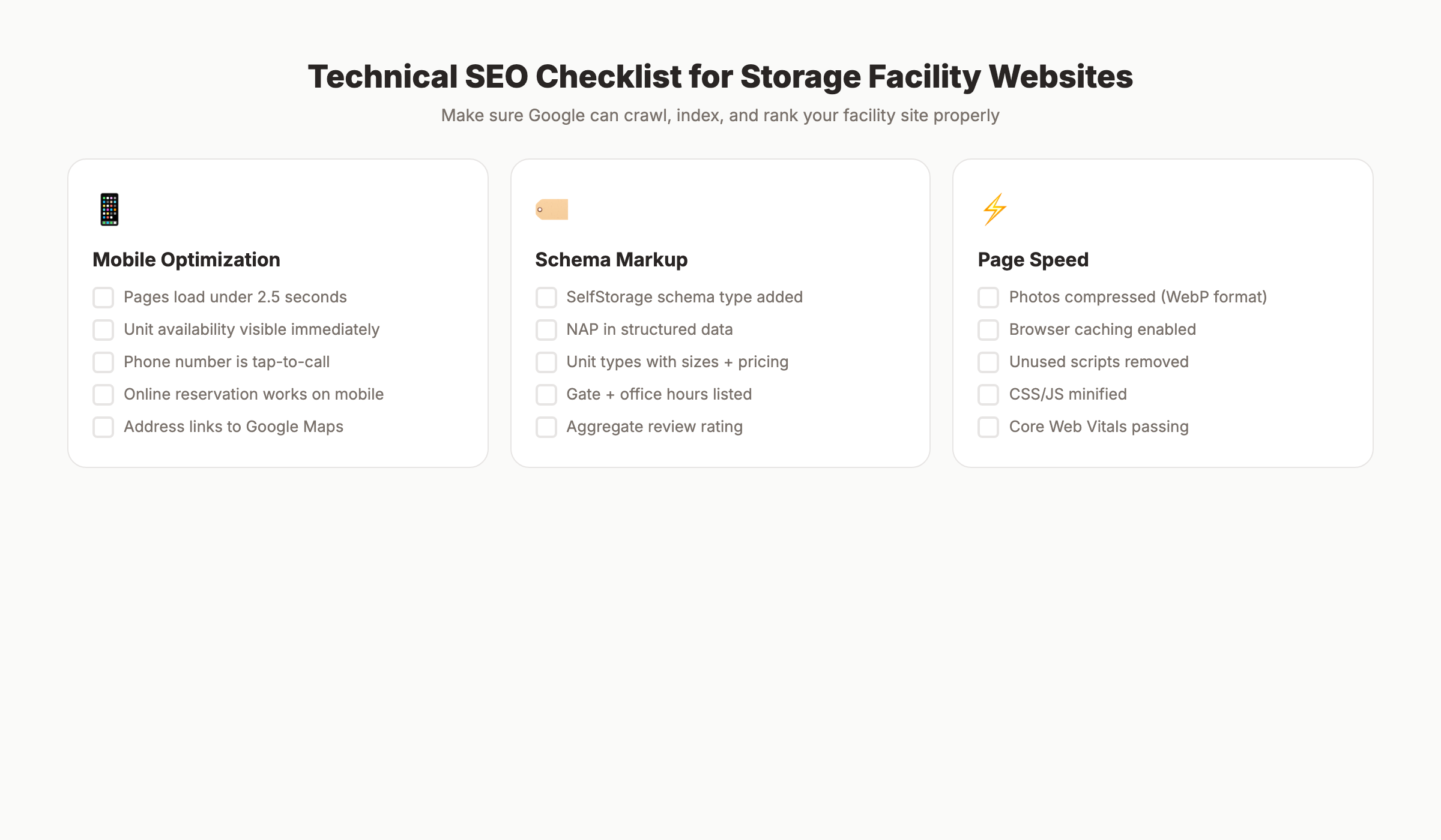 Technical SEO checklist for storage facility websites