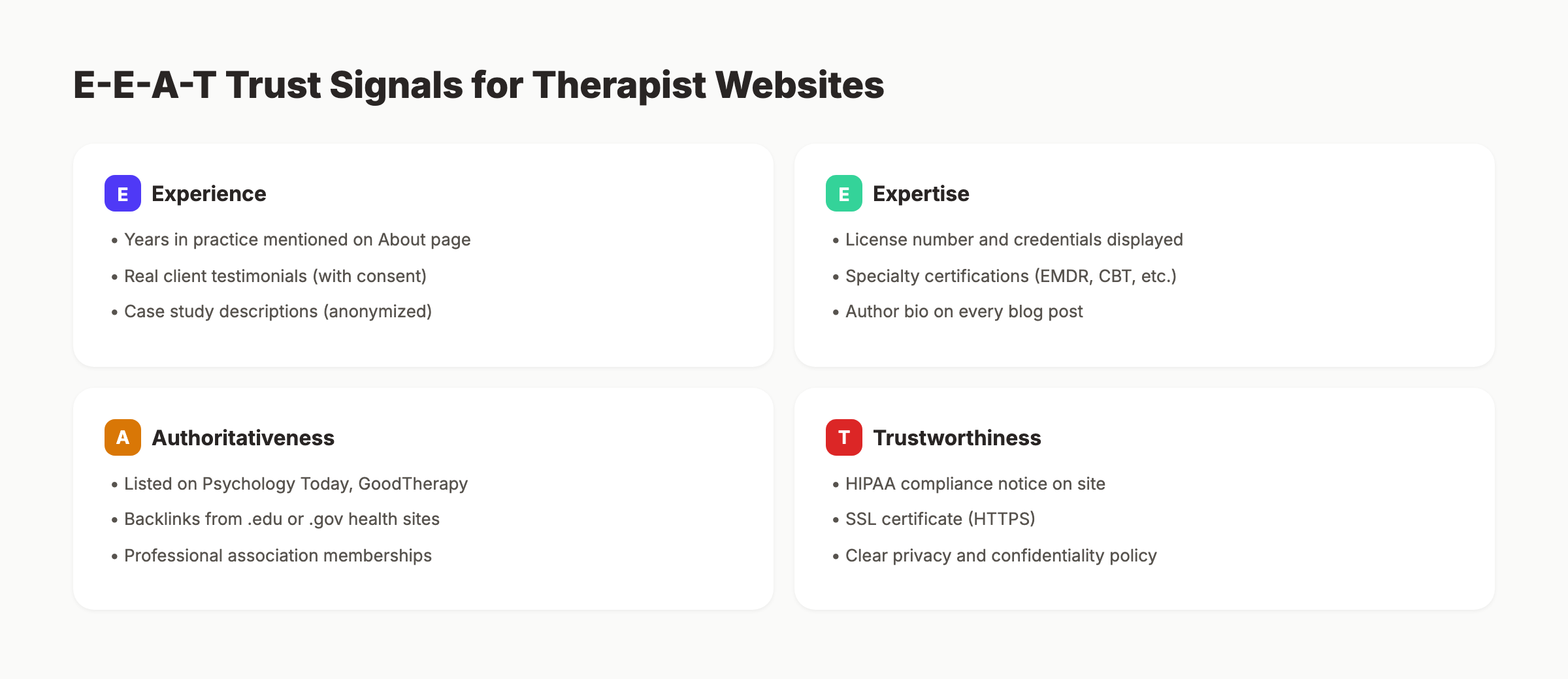 E-E-A-T trust signals that therapist websites need for SEO