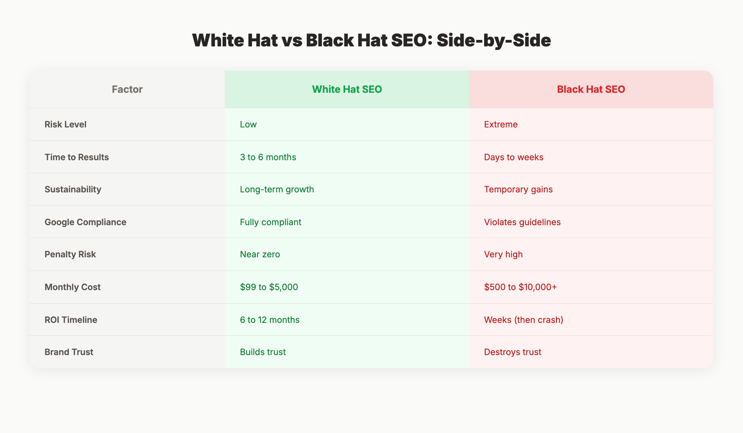 White hat vs black hat SEO comparison table