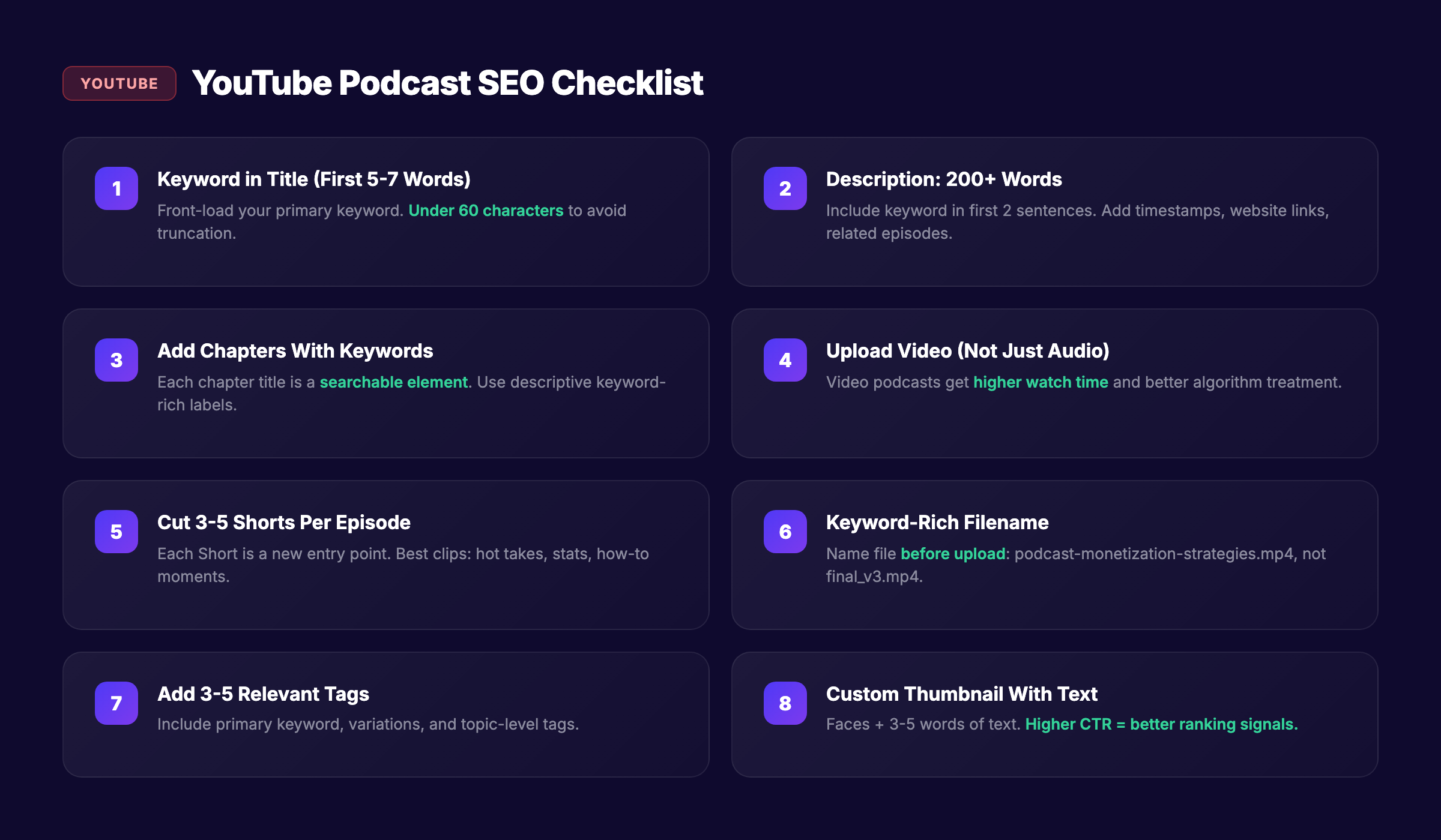 YouTube podcast SEO optimization checklist