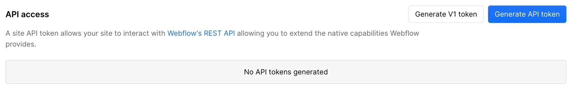 Webflow Site Settings → Apps & Integrations → API access section