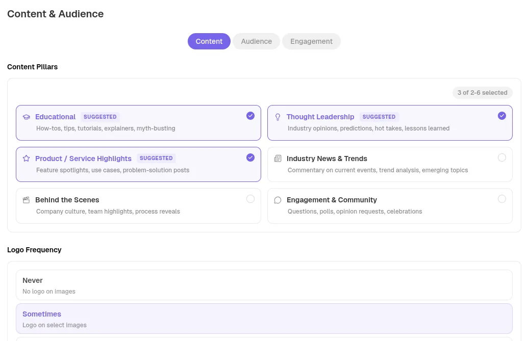 Configuration des piliers de contenu et ciblage d'audience dans Stacc