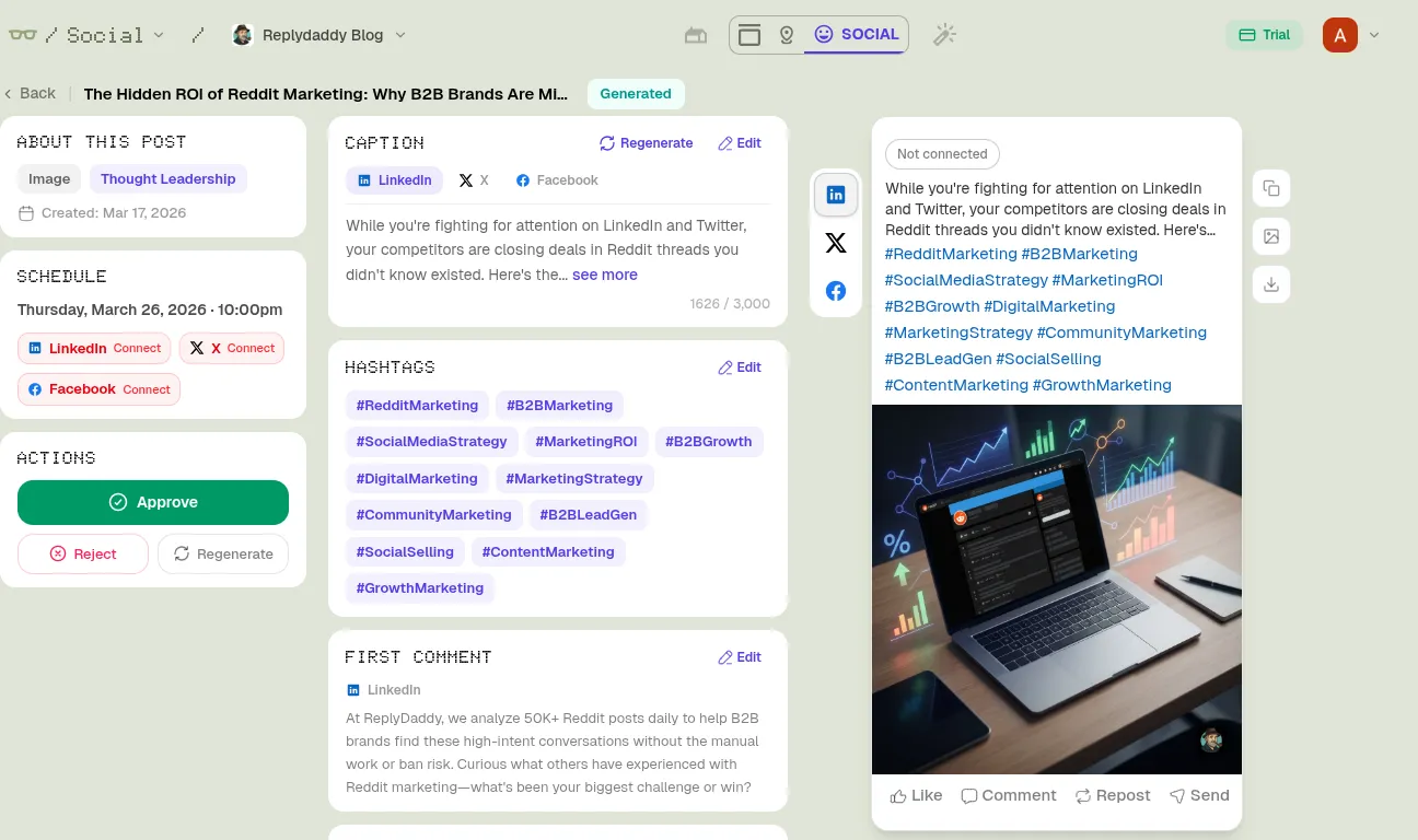 Éditeur de publications Stacc avec légende, aperçu image et hashtags